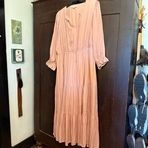 Pink Pleated Long Sleeve Dress